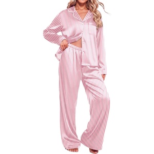 Ekouaer Womens Christmas Pajamas Silk Satin Pjs 2 Piece Striped Loungewear(Stripe Pink White)
