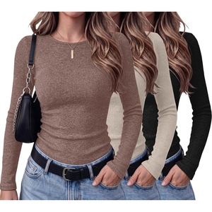 Ekouaer Womens Long Sleeve Shirts Ribbed Tops Basic Thermal Undershirts(3pcs Brown/ Black/ Khaki)