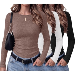 Ekouaer Womens Long Sleeve Shirts Ribbed Tops Basic Thermal Undershirts(3pcs Brown/ Black/ White)