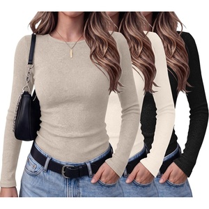 Ekouaer Womens Long Sleeve Shirts Ribbed Tops Basic Thermal Undershirts(3pcs Khaki/ Black/ Beige)