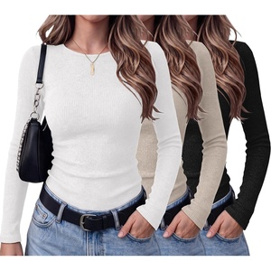 Ekouaer Womens Long Sleeve Shirts Ribbed Tops Basic Thermal Undershirts(3pcs White/ Black/ Khaki)