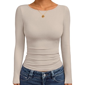Ekouaer Womens Long Sleeve Shirts Ribbed Tops Basic Thermal Undershirts(Khaki)