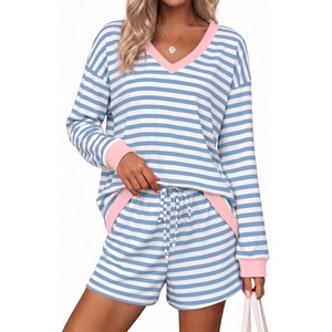 Ekouaer Womens Lounge Sets 2 Piece Long Sleeve Casual Striped Matching Set(Blue White Stripe)