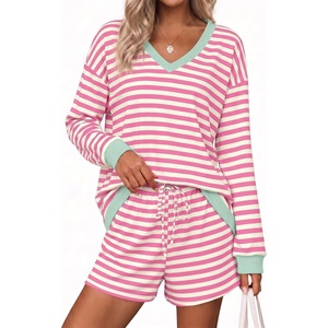 Ekouaer Womens Lounge Sets 2 Piece Long Sleeve Casual Striped Matching Set(Pink White Stripe)