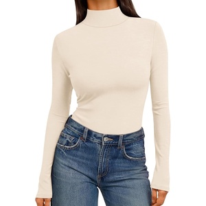Ekouaer Womens Mock Turtleneck Tops Fitted Long Sleeve Shirts(Beige)