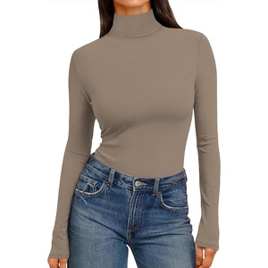 Ekouaer Womens Mock Turtleneck Tops Fitted Long Sleeve Shirts(Light Brown)