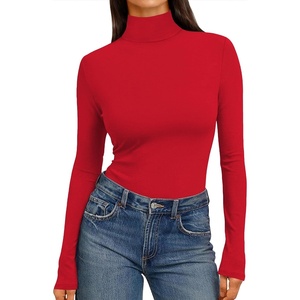 Ekouaer Womens Mock Turtleneck Tops Fitted Long Sleeve Shirts(Red)