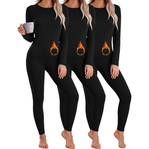 Thermal Underwear for Women Fleece Linen Long John Sets Warm Base Layer(Black/Black/Black)