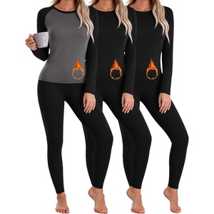 Thermal Underwear for Women Fleece Linen Long John Sets Warm Base Layer(Black/Black/Grey)
