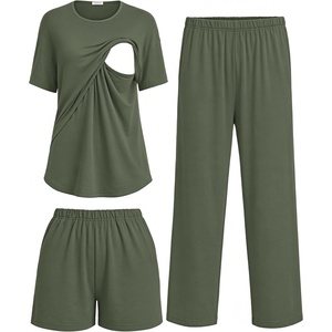 Women 3Pcs Maternity Nursing Pajamas Sets Short Sleeve Breastfeeding Pjs(Army Green)