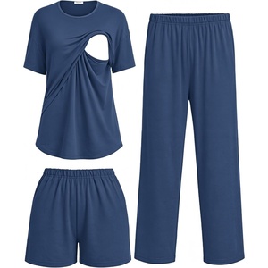 Women 3Pcs Maternity Nursing Pajamas Sets Short Sleeve Breastfeeding Pjs(Blue)