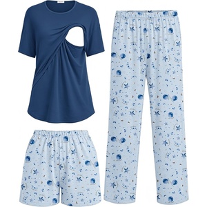Women 3Pcs Maternity Nursing Pajamas Sets Short Sleeve Breastfeeding Pjs(Blue Floral)