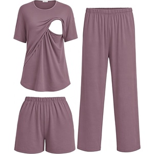 Women 3Pcs Maternity Nursing Pajamas Sets Short Sleeve Breastfeeding Pjs(Magenta)
