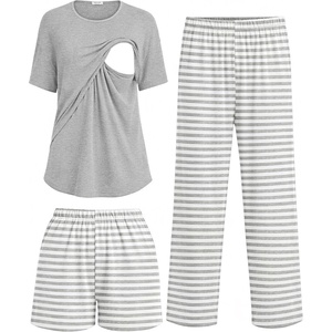 Women 3Pcs Maternity Nursing Pajamas Sets Short Sleeve Breastfeeding Pjs(Striped-light Grey)