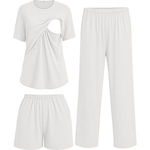 Women 3Pcs Maternity Nursing Pajamas Sets Short Sleeve Breastfeeding Pjs(White)
