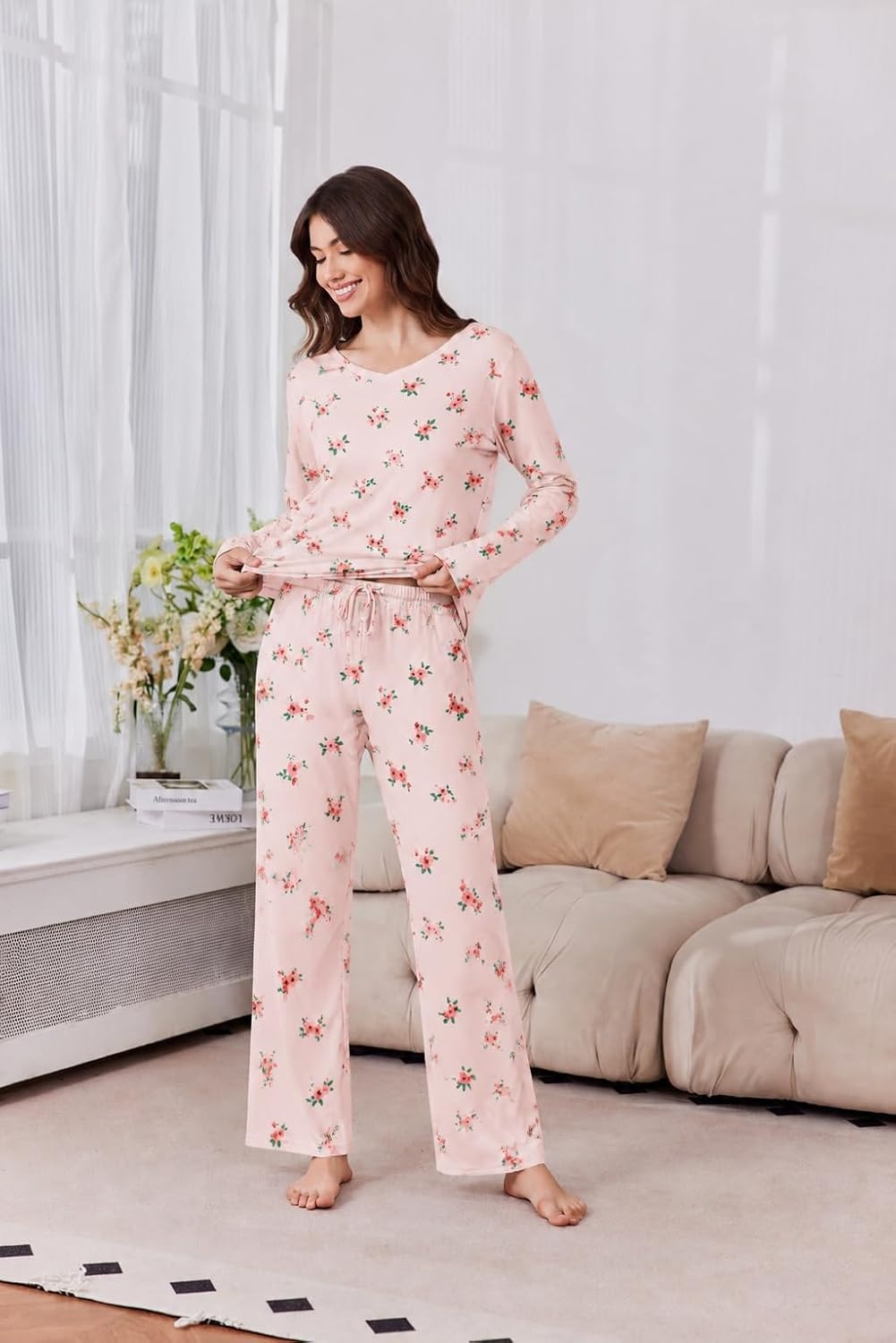 image:image2 Pack Womens Long Sleeve Pajama Sets V Neck Top and Pants Lounge setsBlack Floral Red Floral