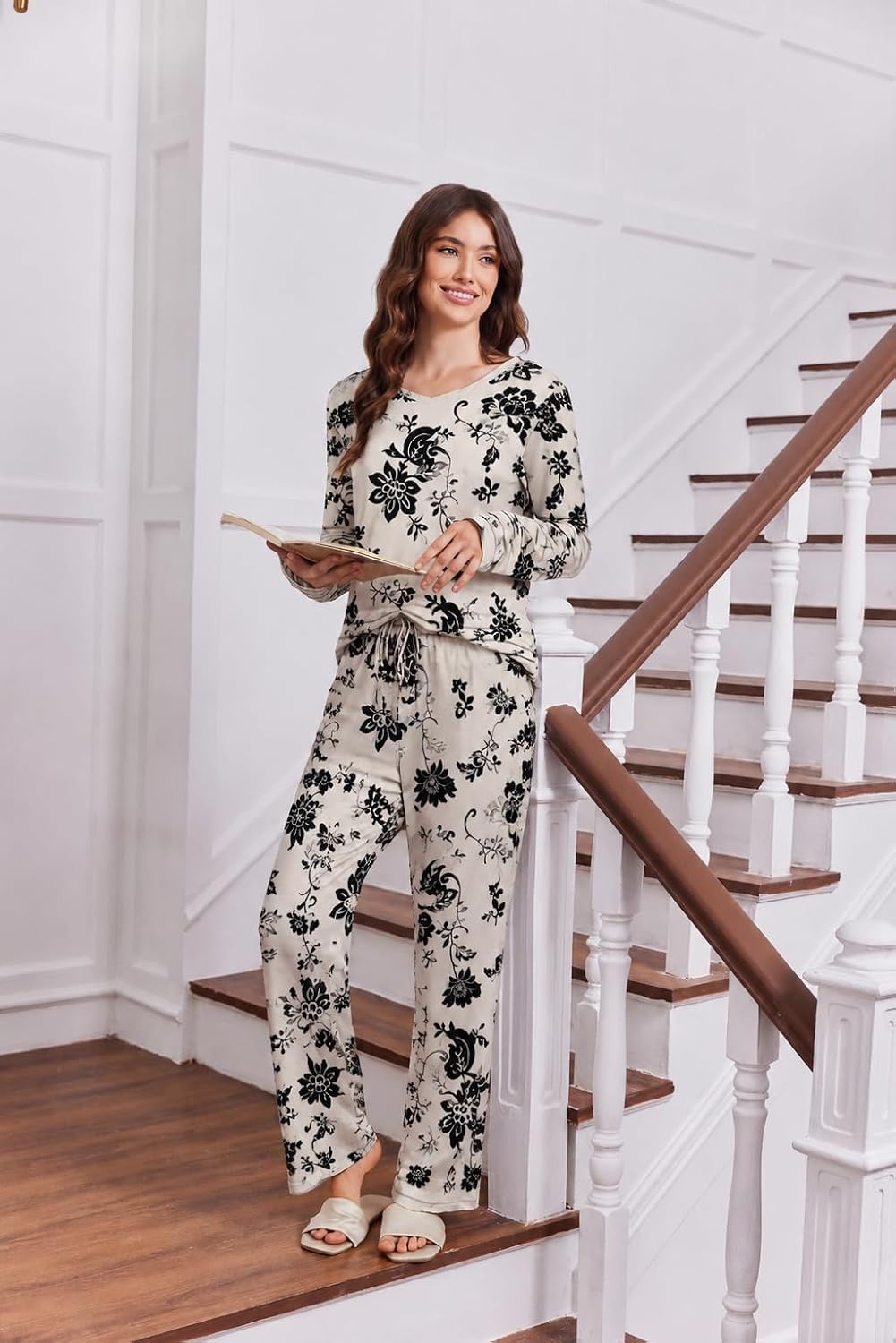 image:image2 Pack Womens Long Sleeve Pajama Sets V Neck Top and Pants Lounge setsBlack Floral Red Floral