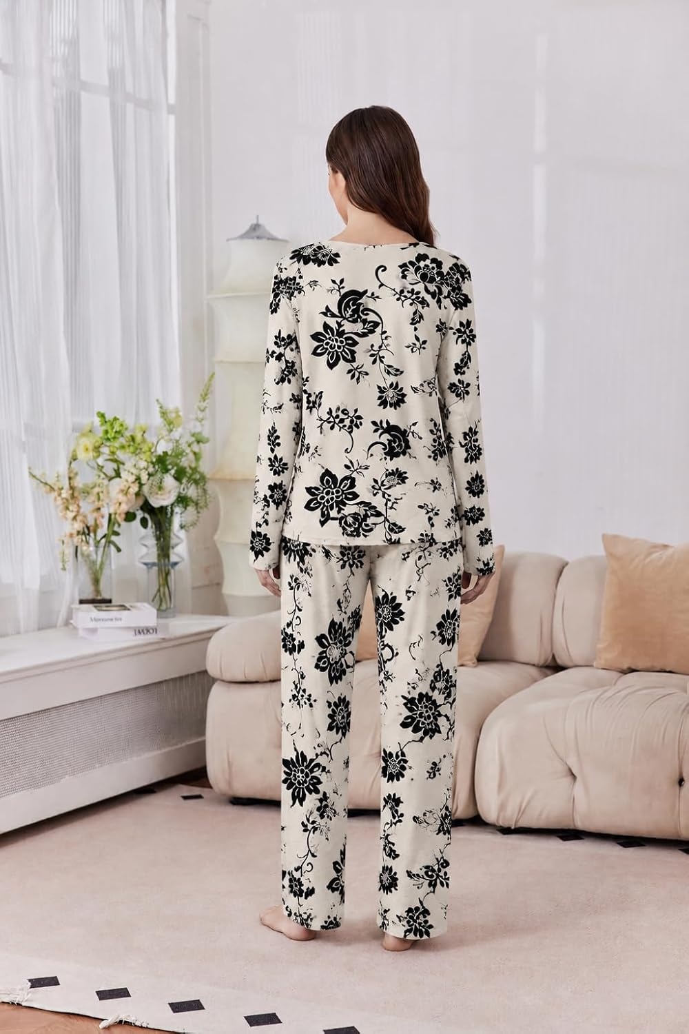 image:image2 Pack Womens Long Sleeve Pajama Sets V Neck Top and Pants Lounge setsBlack Floral Red Floral