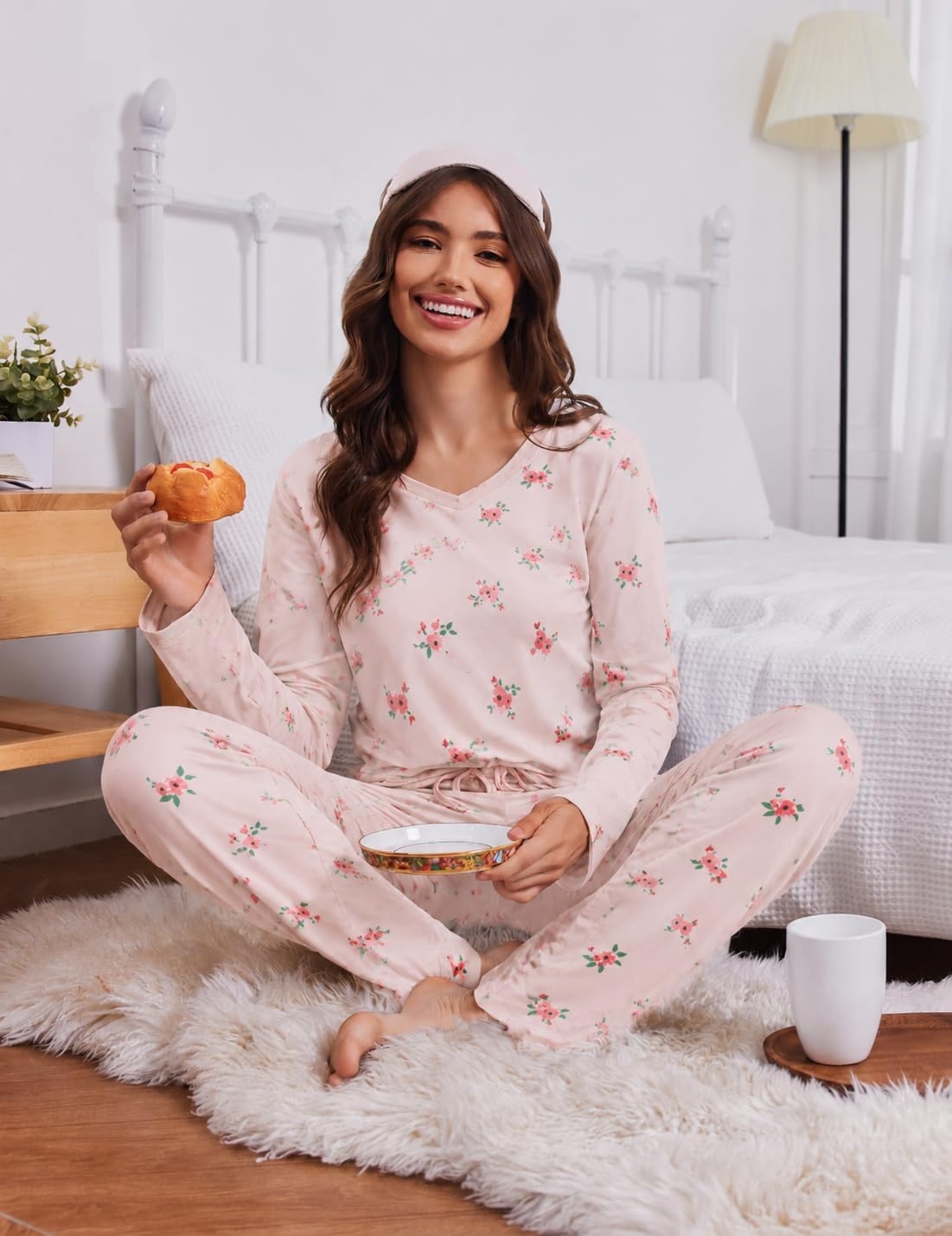 image:image2 Pack Womens Long Sleeve Pajama Sets V Neck Top and Pants Lounge setsBlack Floral Red Floral