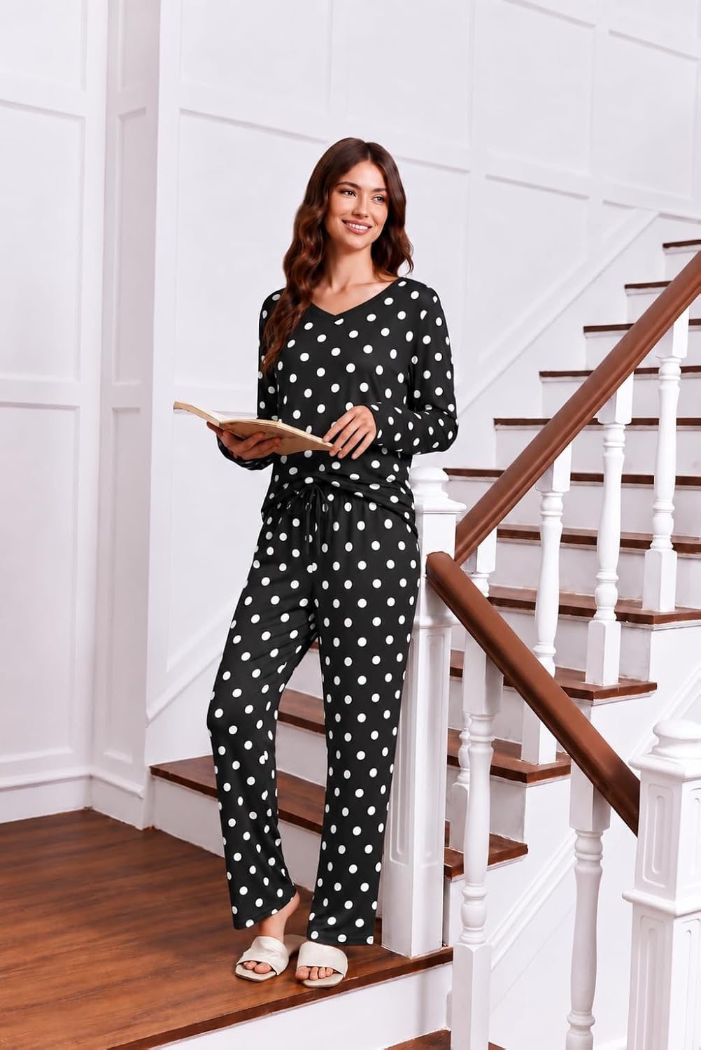 image:image2 Pack Womens Long Sleeve Pajama Sets V Neck Top and Pants Lounge setsBlack White Polka Dots White Black Polka Dots