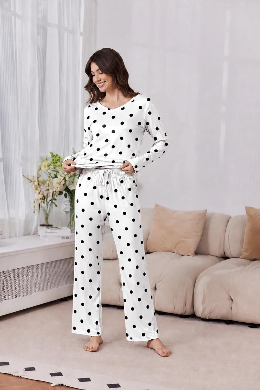 image:image2 Pack Womens Long Sleeve Pajama Sets V Neck Top and Pants Lounge setsBlack White Polka Dots White Black Polka Dots
