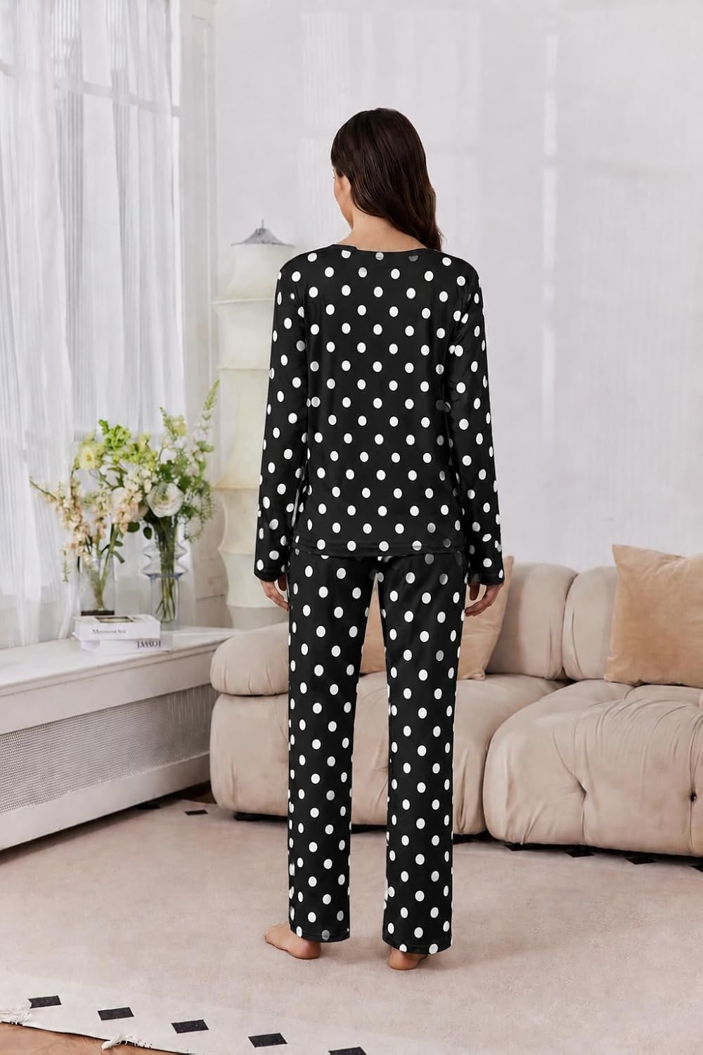 image:image2 Pack Womens Long Sleeve Pajama Sets V Neck Top and Pants Lounge setsBlack White Polka Dots White Black Polka Dots