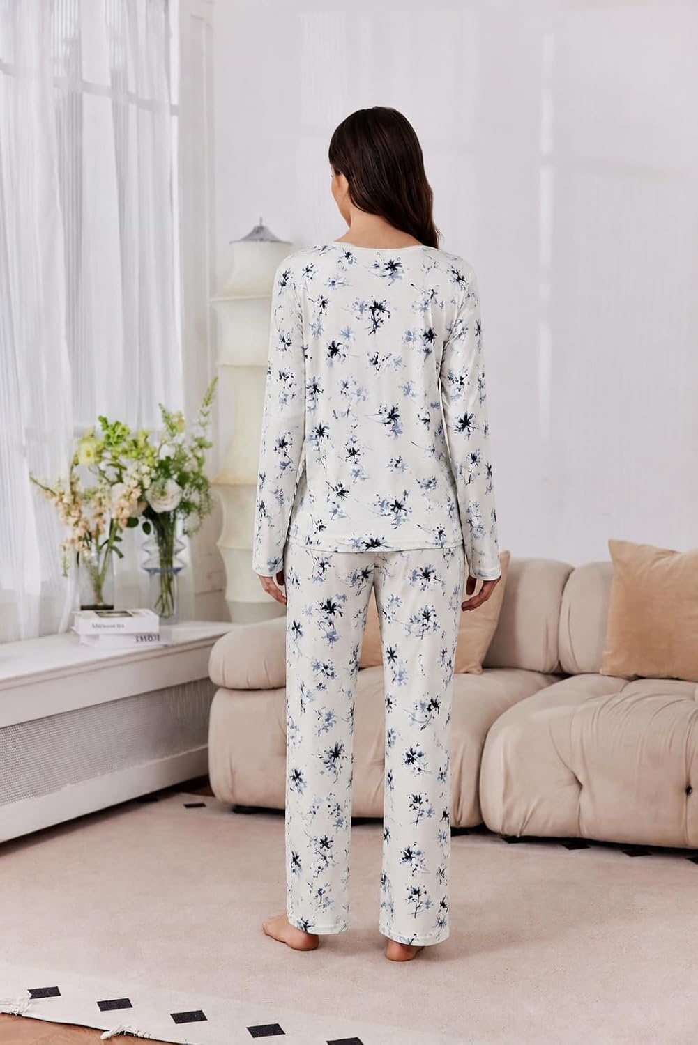 image:image2 Pack Womens Long Sleeve Pajama Sets V Neck Top and Pants Lounge setsBlue Floral Pink Floral