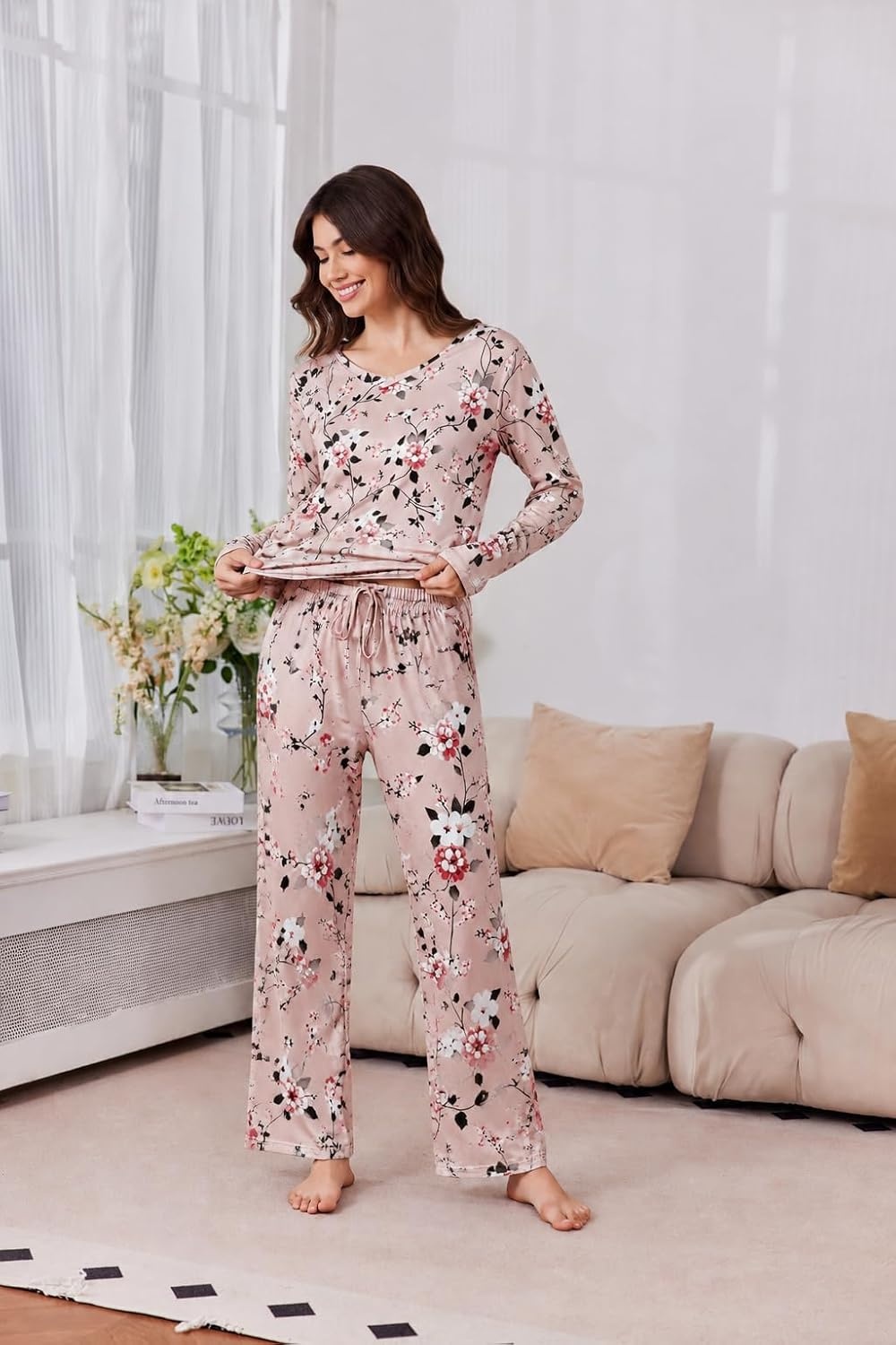 image:image2 Pack Womens Long Sleeve Pajama Sets V Neck Top and Pants Lounge setsBlue Floral Pink Floral