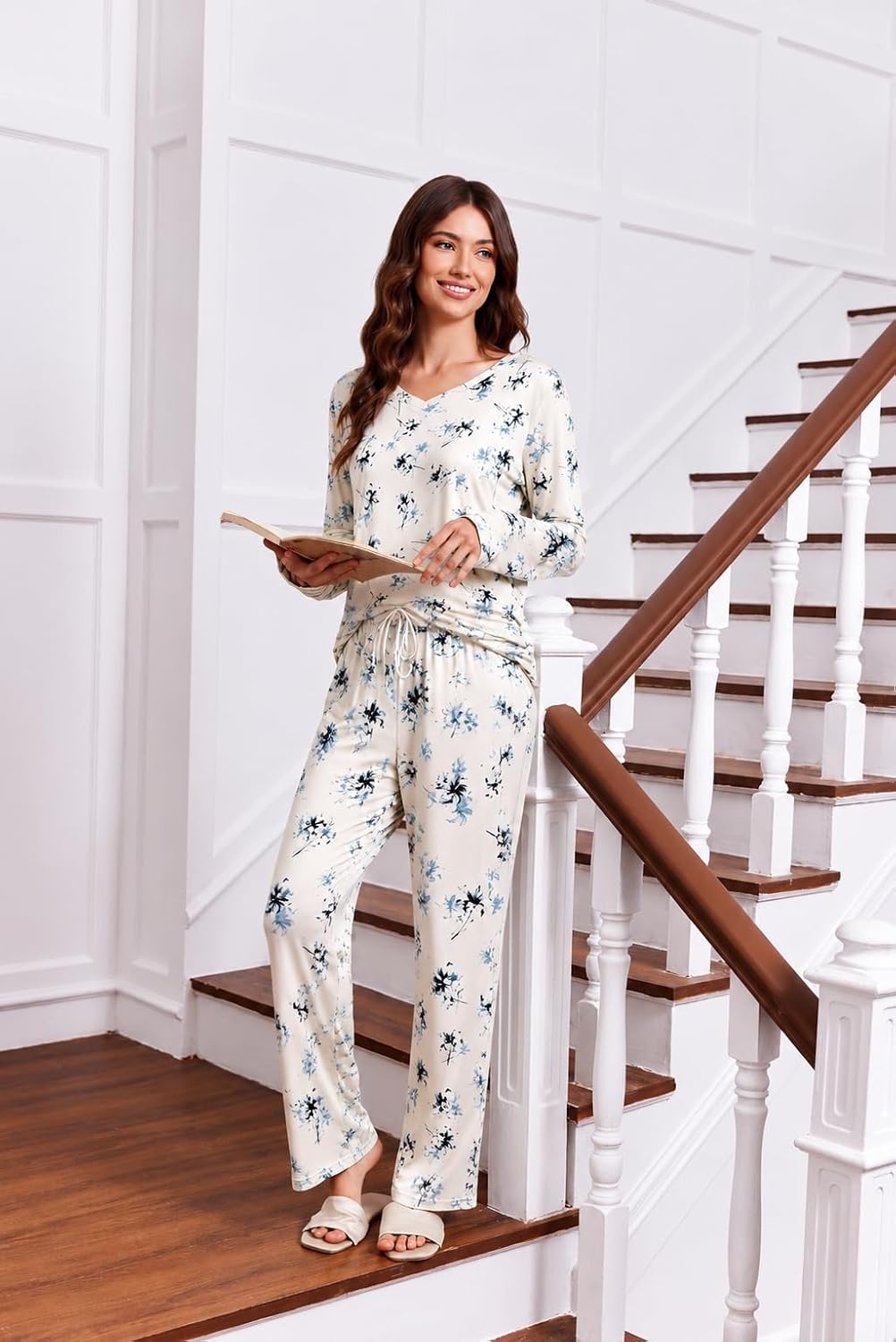 image:image2 Pack Womens Long Sleeve Pajama Sets V Neck Top and Pants Lounge setsBlue Floral Pink Floral