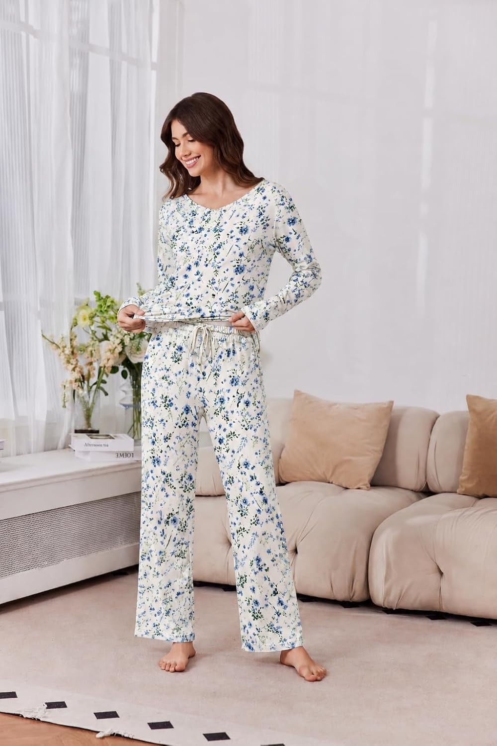 image:image2 Pack Womens Long Sleeve Pajama Sets V Neck Top and Pants Lounge setsBlue Orange Floral Blue Floral