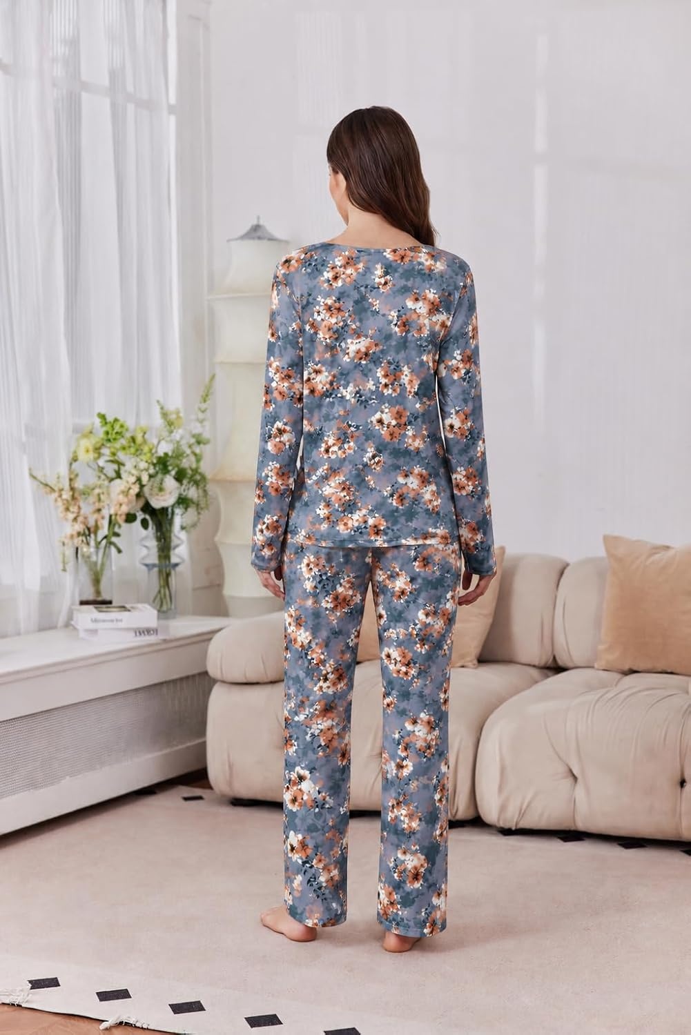 image:image2 Pack Womens Long Sleeve Pajama Sets V Neck Top and Pants Lounge setsBlue Orange Floral Blue Floral