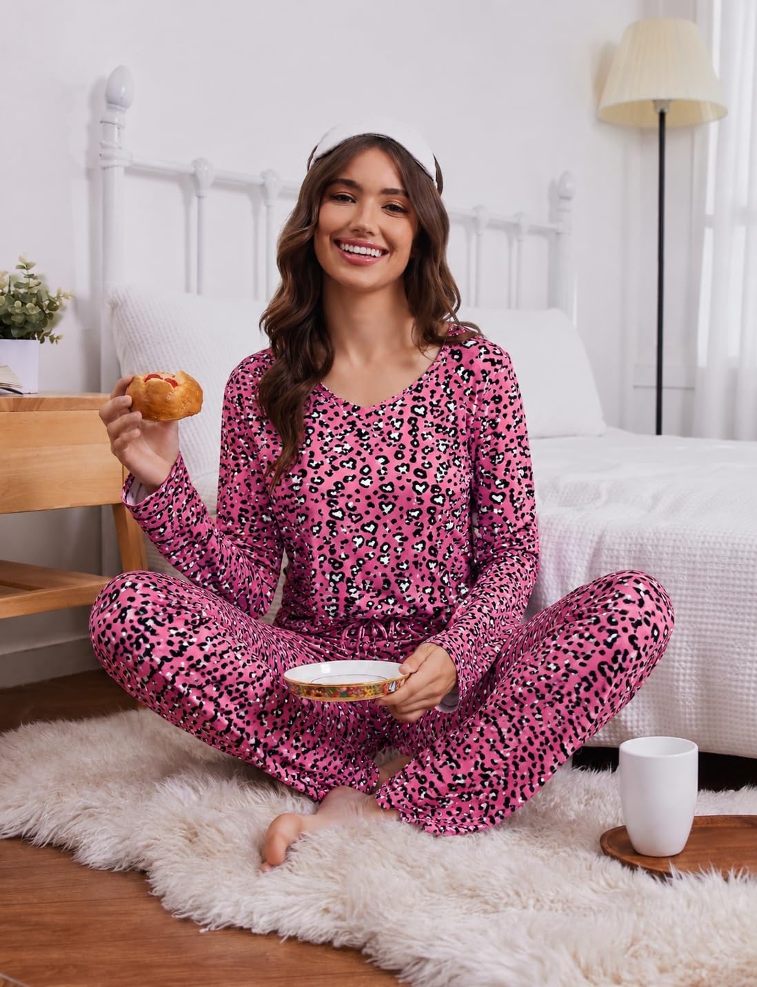 image:image2 Pack Womens Long Sleeve Pajama Sets V Neck Top and Pants Lounge setsBrown Leopard Pink Leopard