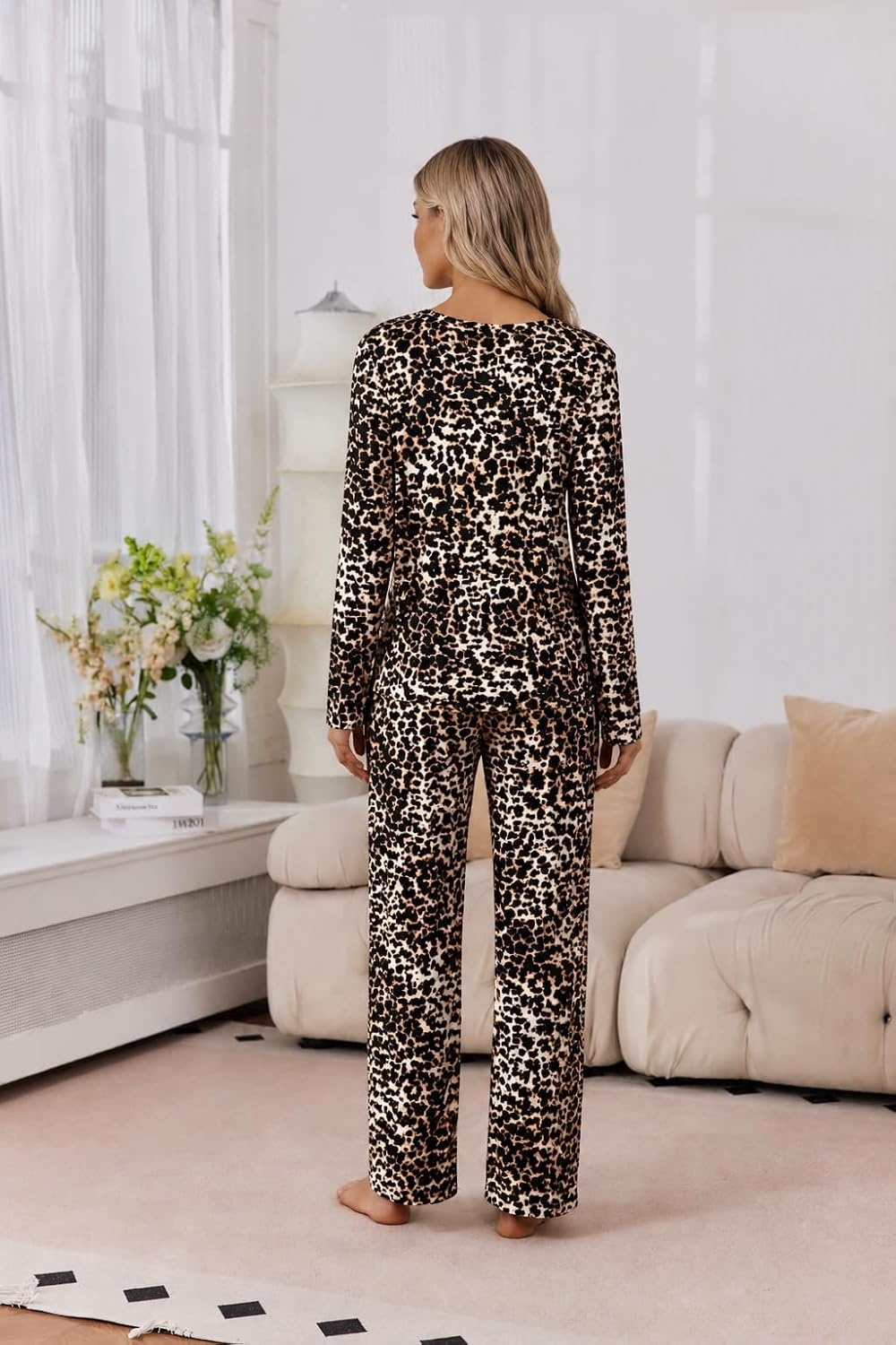image:image2 Pack Womens Long Sleeve Pajama Sets V Neck Top and Pants Lounge setsBrown Leopard Pink Leopard