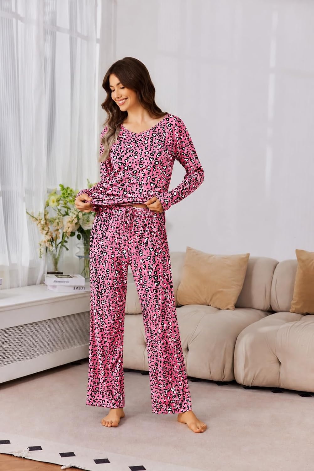 image:image2 Pack Womens Long Sleeve Pajama Sets V Neck Top and Pants Lounge setsBrown Leopard Pink Leopard
