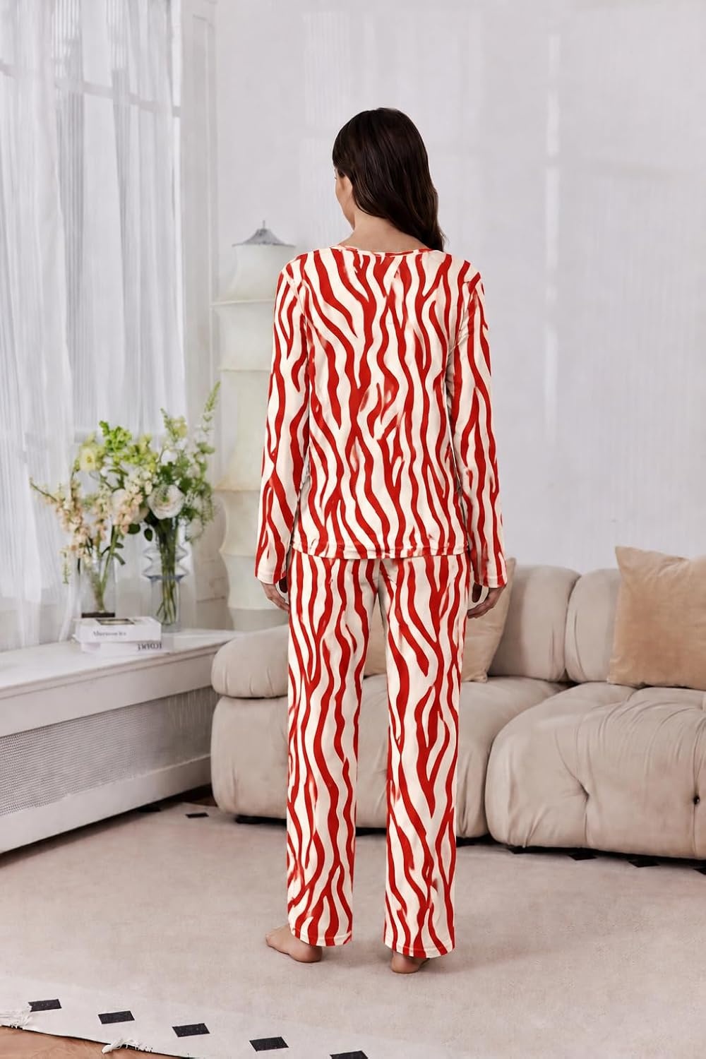 image:image2 Pack Womens Long Sleeve Pajama Sets V Neck Top and Pants Lounge setsGray Beige Red Zebra Gray Orange Stripe Tiedye