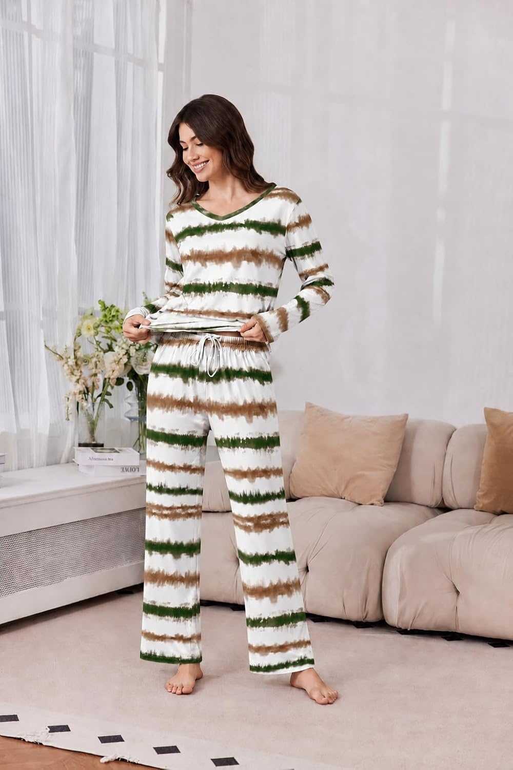 image:image2 Pack Womens Long Sleeve Pajama Sets V Neck Top and Pants Lounge setsGray Beige Red Zebra Gray Orange Stripe Tiedye