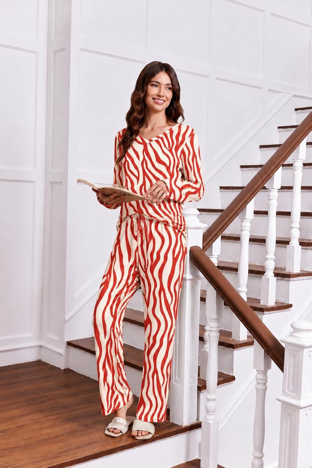 image:image2 Pack Womens Long Sleeve Pajama Sets V Neck Top and Pants Lounge setsGray Beige Red Zebra Gray Orange Stripe Tiedye