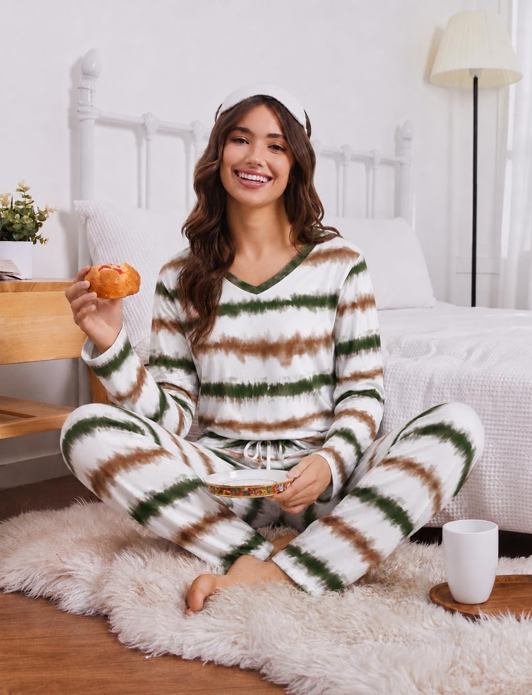 image:image2 Pack Womens Long Sleeve Pajama Sets V Neck Top and Pants Lounge setsGray Beige Red Zebra Gray Orange Stripe Tiedye