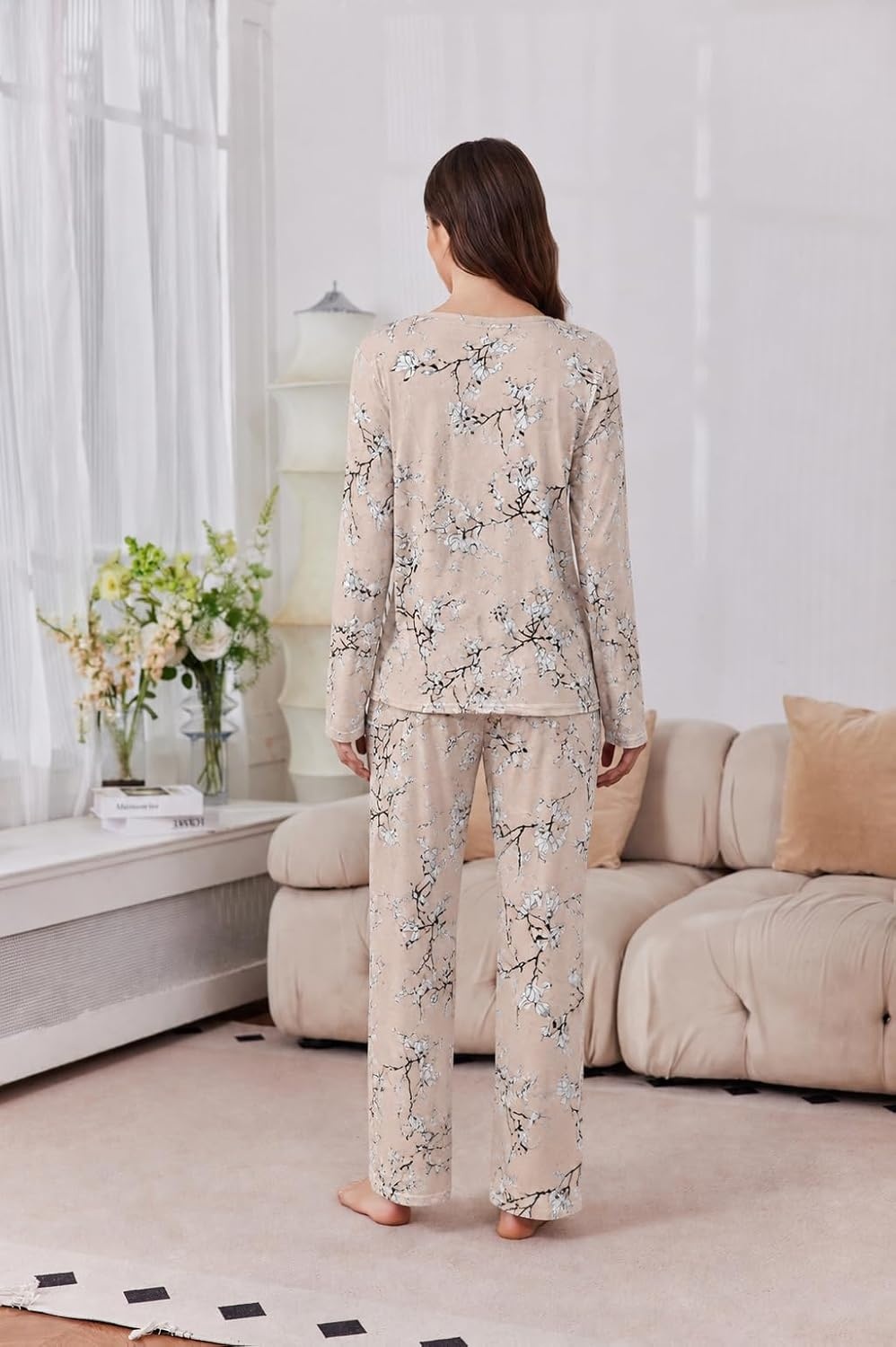 image:image2 Pack Womens Long Sleeve Pajama Sets V Neck Top and Pants Lounge setsGray Floral Small Red Floral