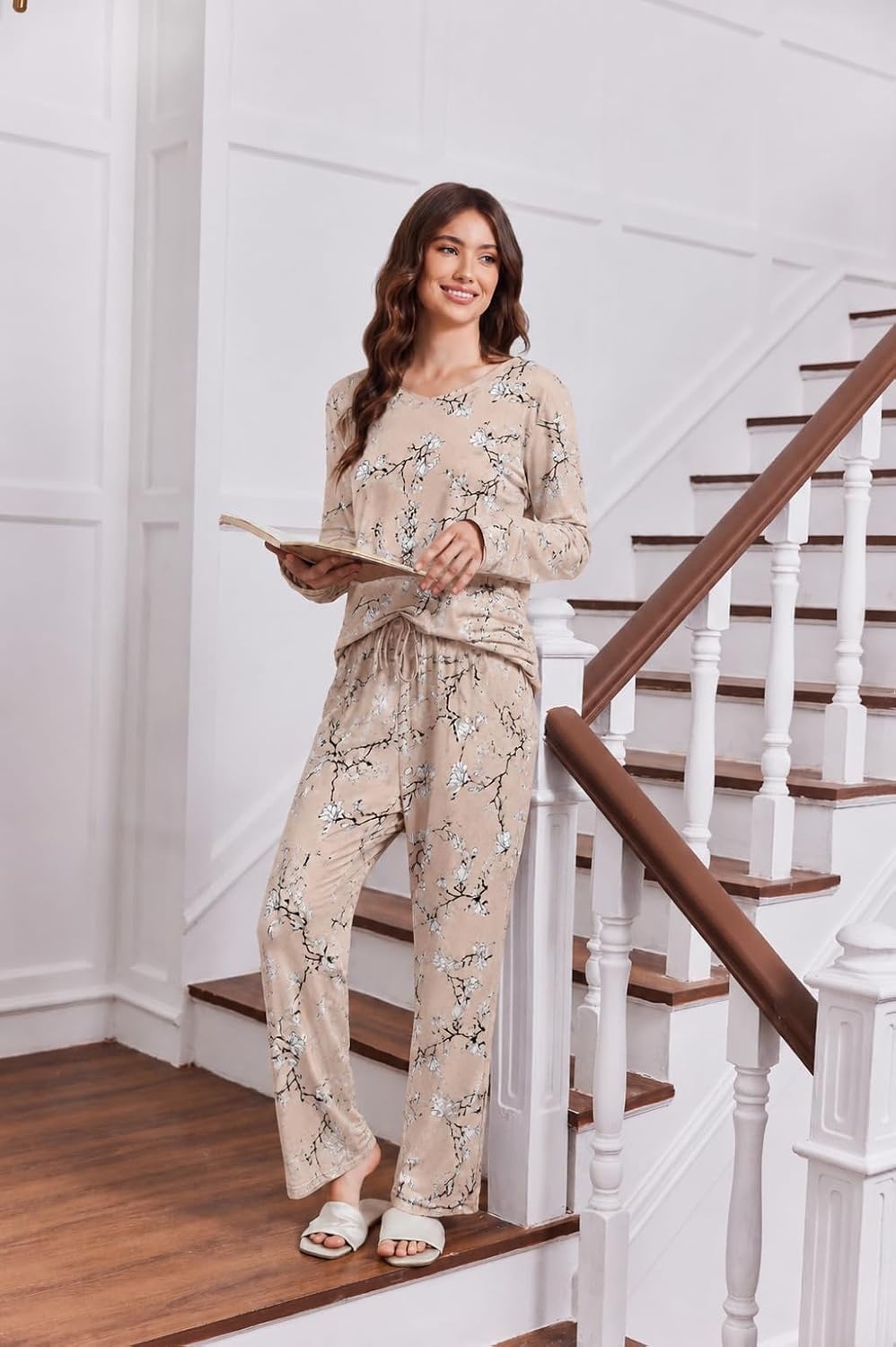 image:image2 Pack Womens Long Sleeve Pajama Sets V Neck Top and Pants Lounge setsGray Floral Small Red Floral