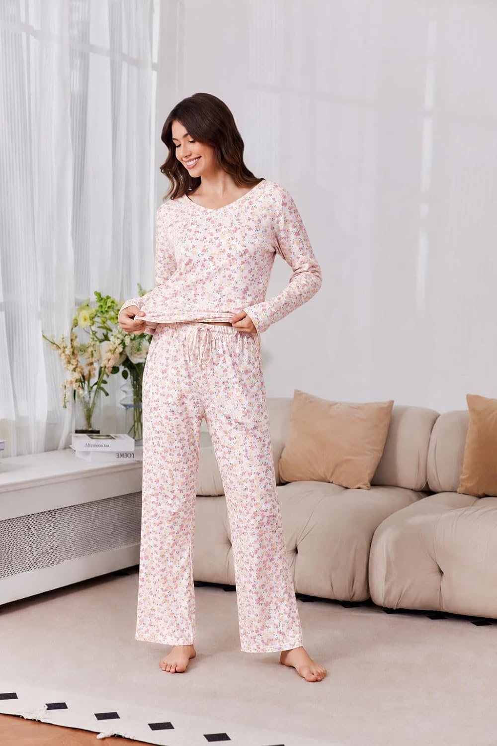 image:image2 Pack Womens Long Sleeve Pajama Sets V Neck Top and Pants Lounge setsGray Floral Small Red Floral