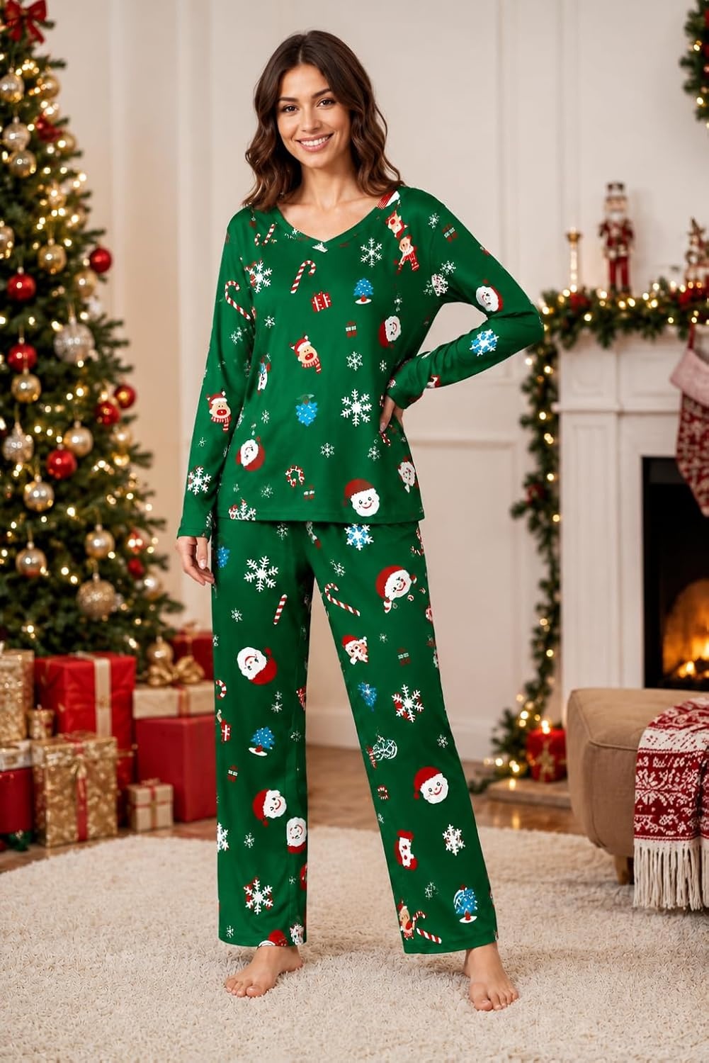 image:image2 Pack Womens Long Sleeve Pajama Sets V Neck Top and Pants Lounge setsGreen Snowman Face Print Navy Santa Claus