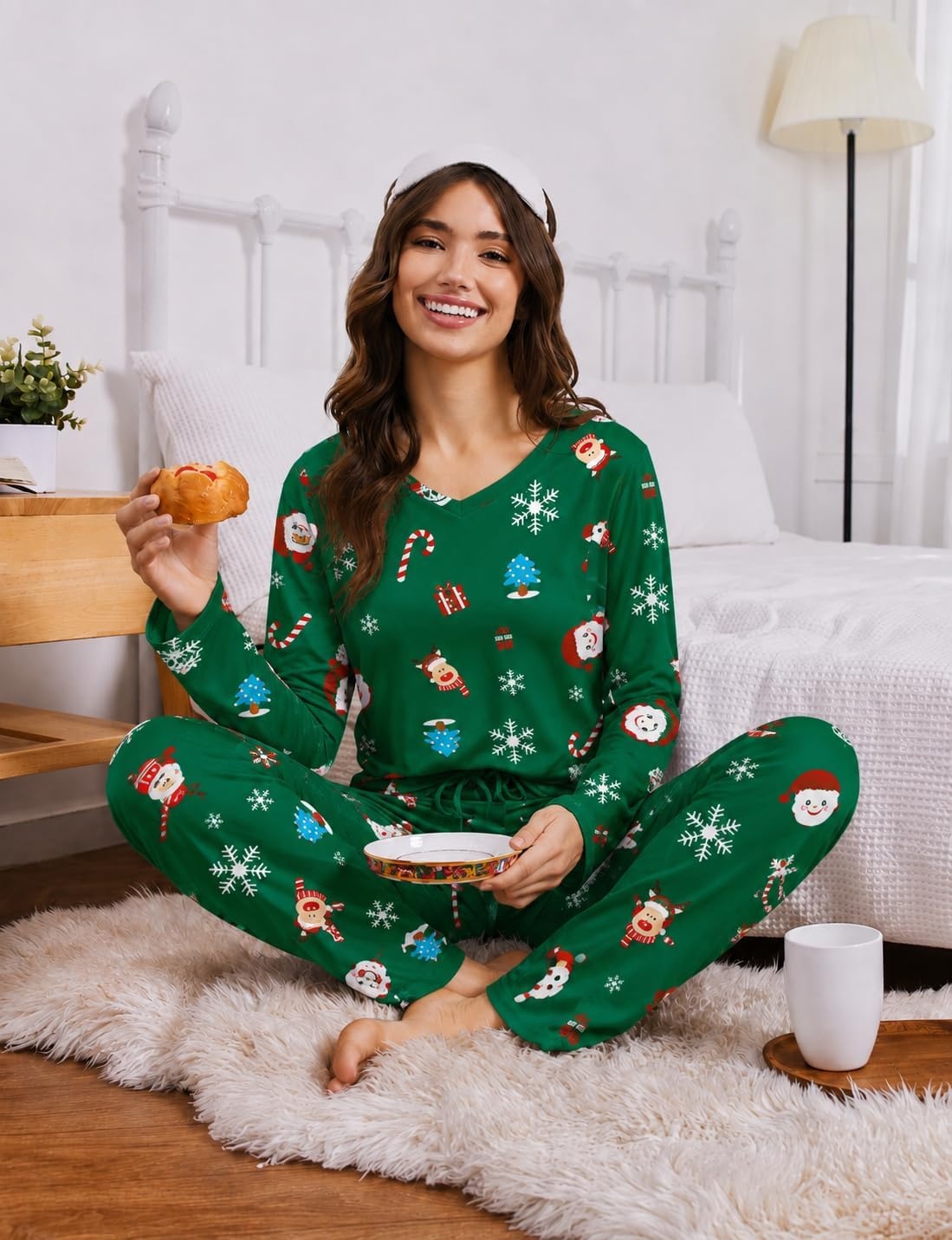 image:image2 Pack Womens Long Sleeve Pajama Sets V Neck Top and Pants Lounge setsGreen Snowman Face Print Navy Santa Claus