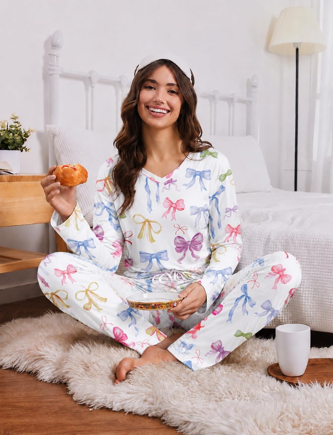 image:image2 Pack Womens Long Sleeve Pajama Sets V Neck Top and Pants Lounge setsPink Black Love Hearts White Colorful Mini Bows
