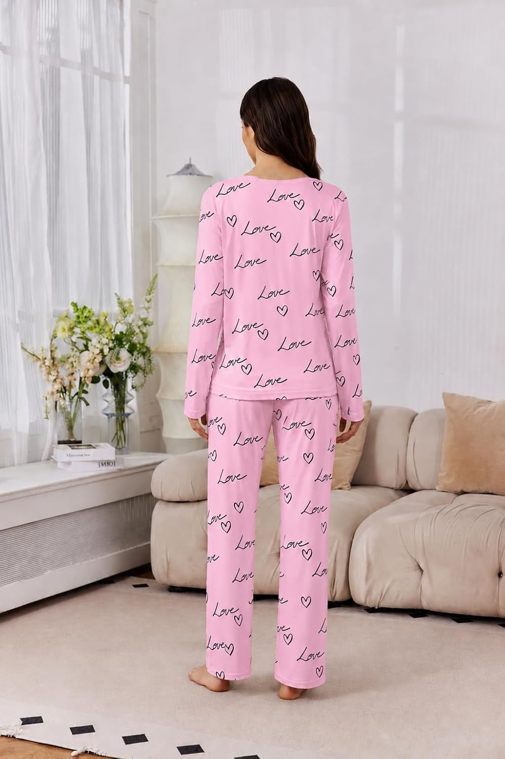 image:image2 Pack Womens Long Sleeve Pajama Sets V Neck Top and Pants Lounge setsPink Black Love Hearts White Colorful Mini Bows