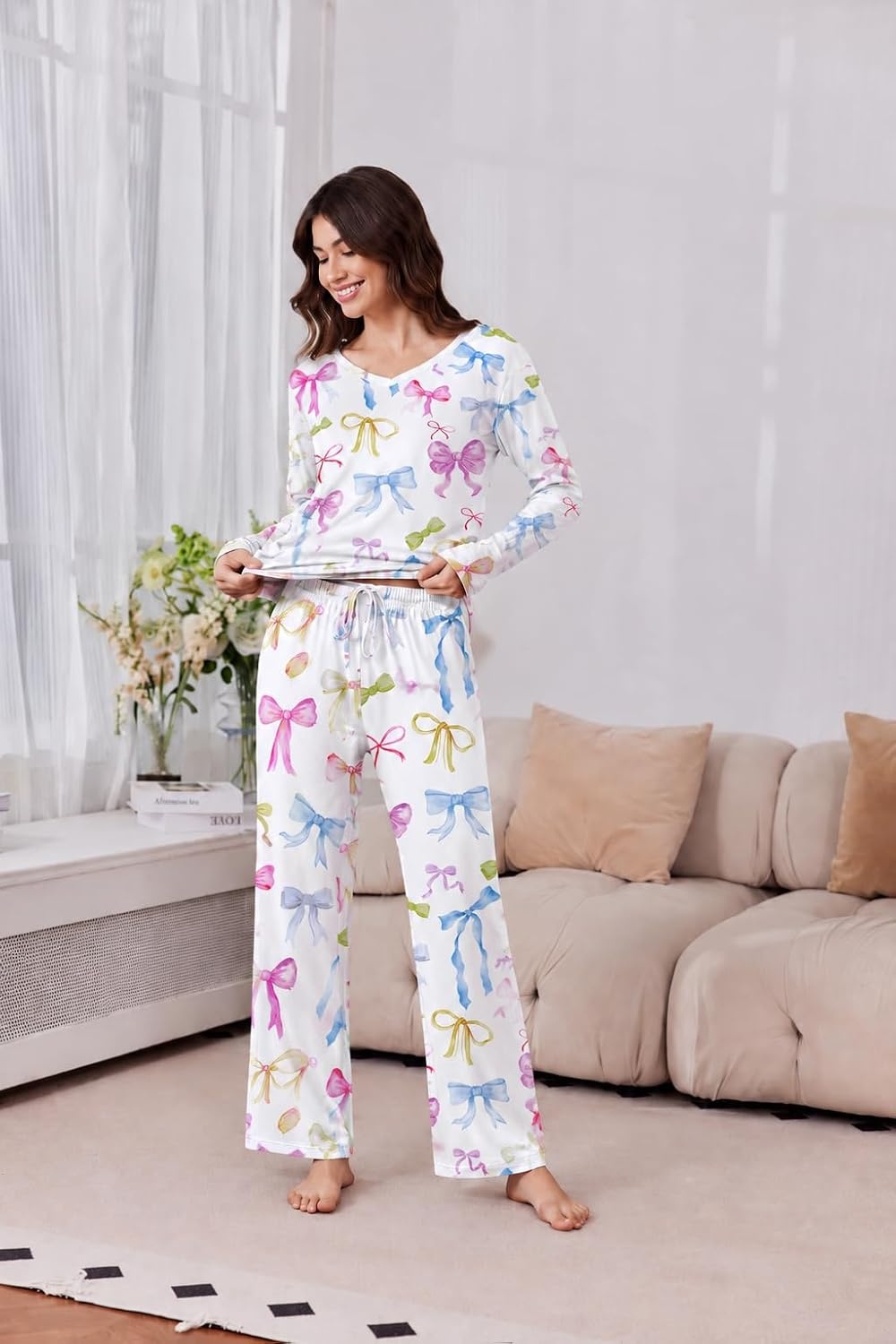 image:image2 Pack Womens Long Sleeve Pajama Sets V Neck Top and Pants Lounge setsPink Black Love Hearts White Colorful Mini Bows
