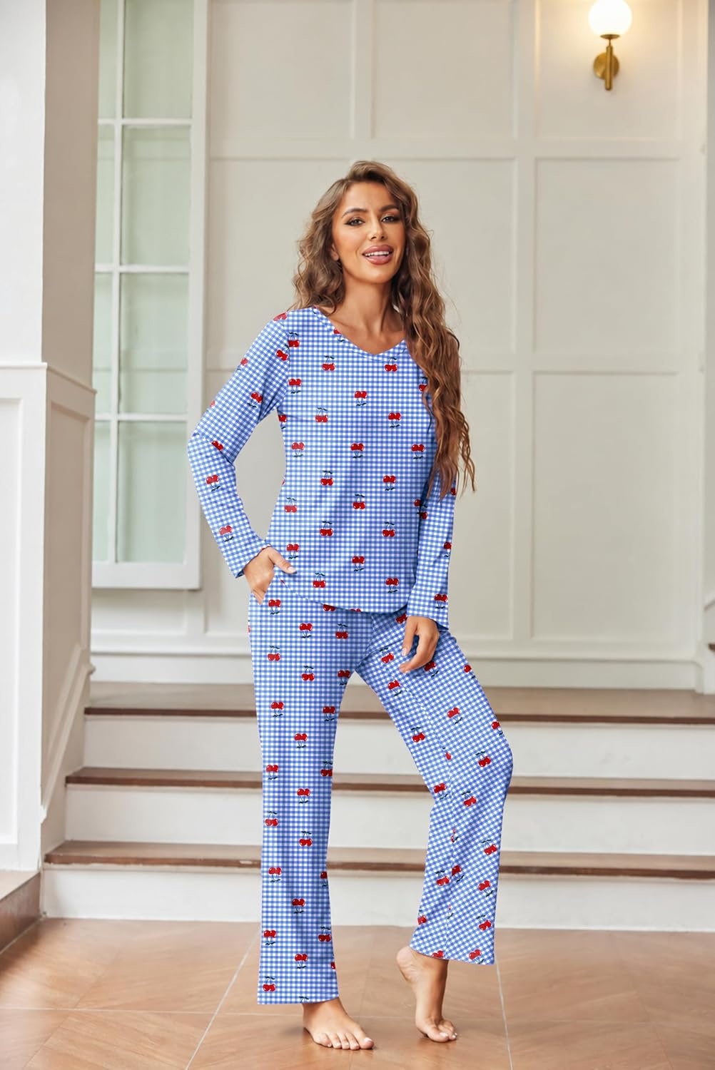 image:image2 Pack Womens Long Sleeve Pajama Sets V Neck Top and Pants Lounge setsPink Heart Pinstripe Blue Cherry Gingham