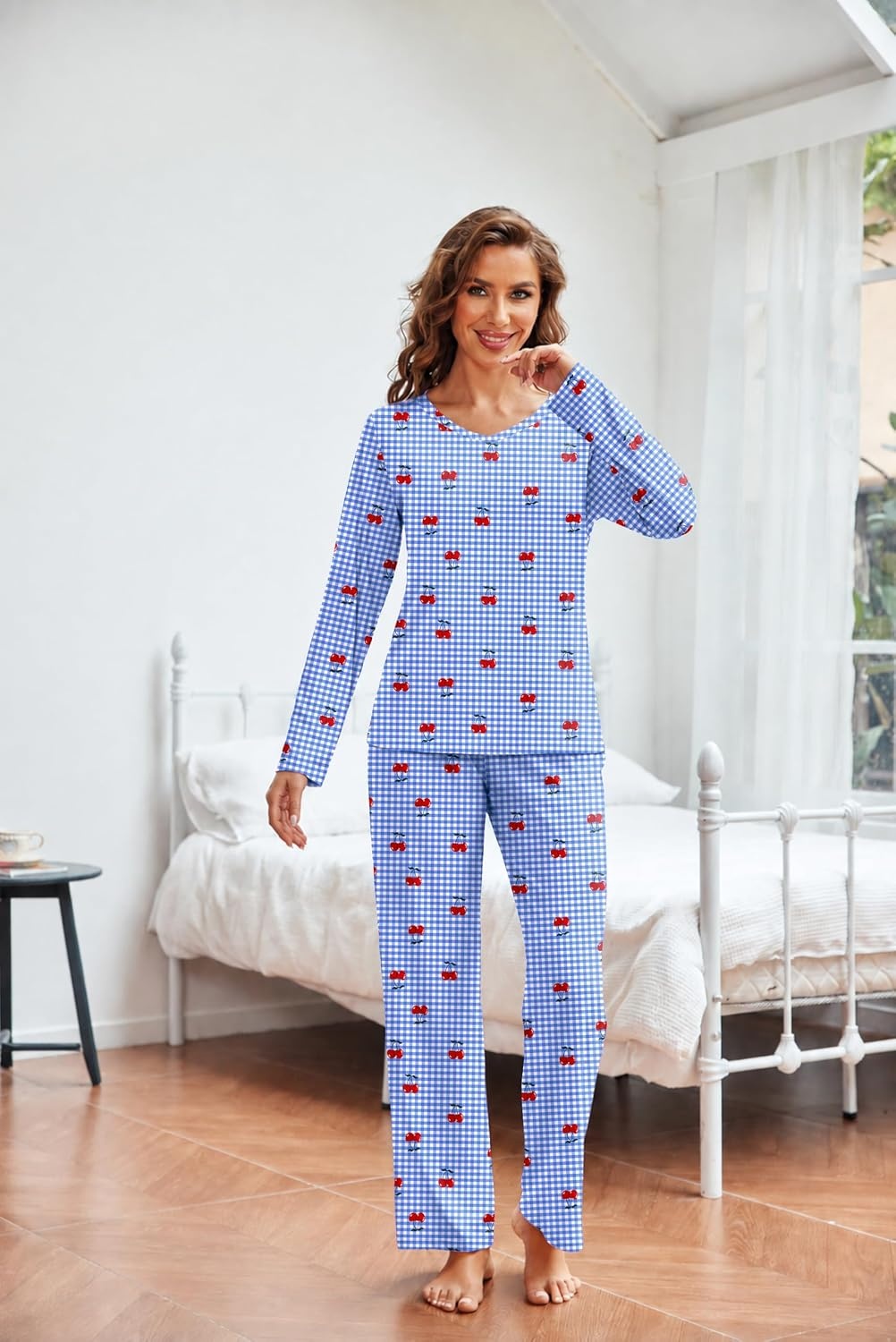 image:image2 Pack Womens Long Sleeve Pajama Sets V Neck Top and Pants Lounge setsPink Heart Pinstripe Blue Cherry Gingham