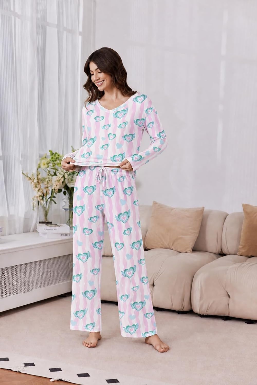 image:image2 Pack Womens Long Sleeve Pajama Sets V Neck Top and Pants Lounge setsPink White Wing Heart Stripes Black White Bow Hearts