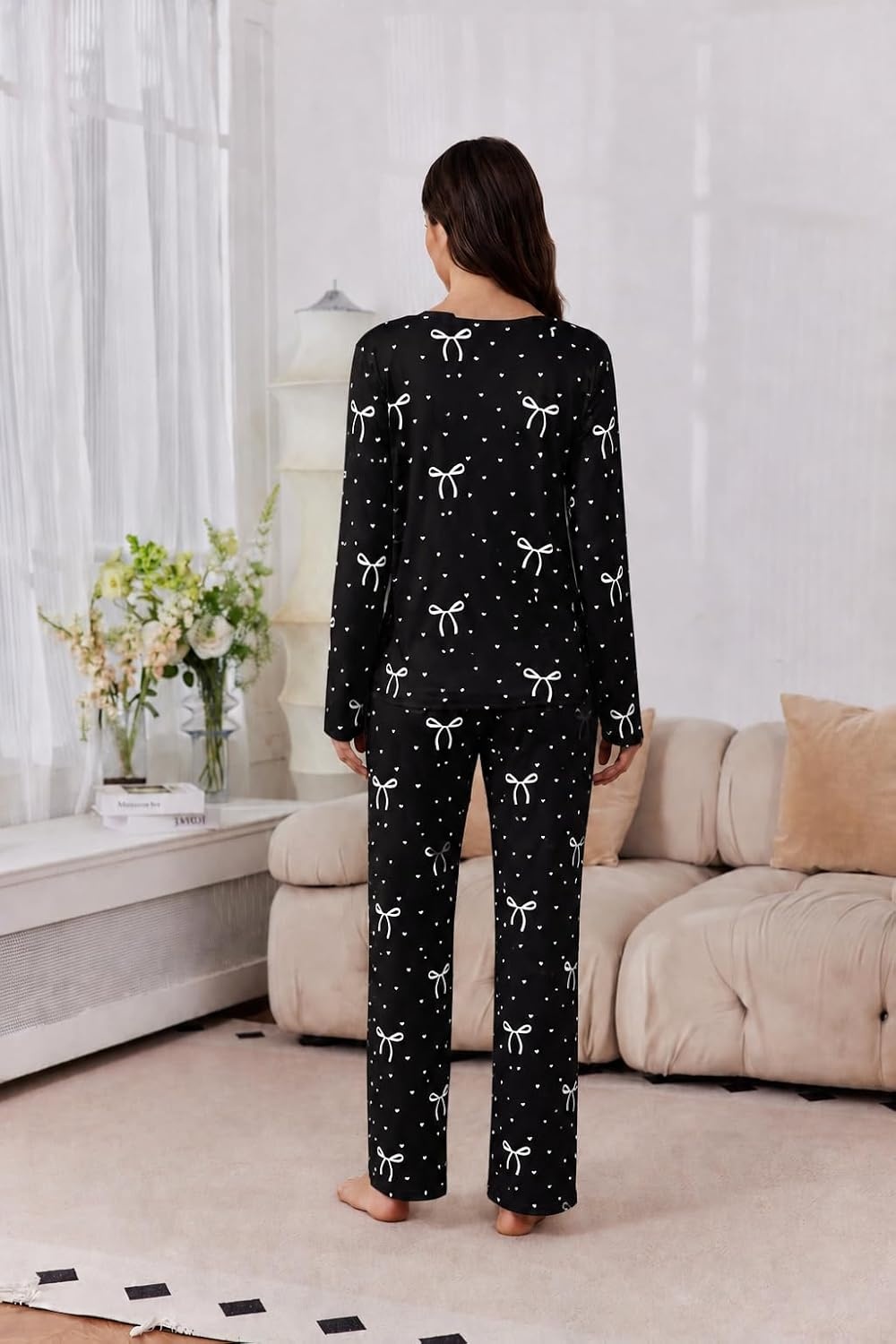 image:image2 Pack Womens Long Sleeve Pajama Sets V Neck Top and Pants Lounge setsPink White Wing Heart Stripes Black White Bow Hearts